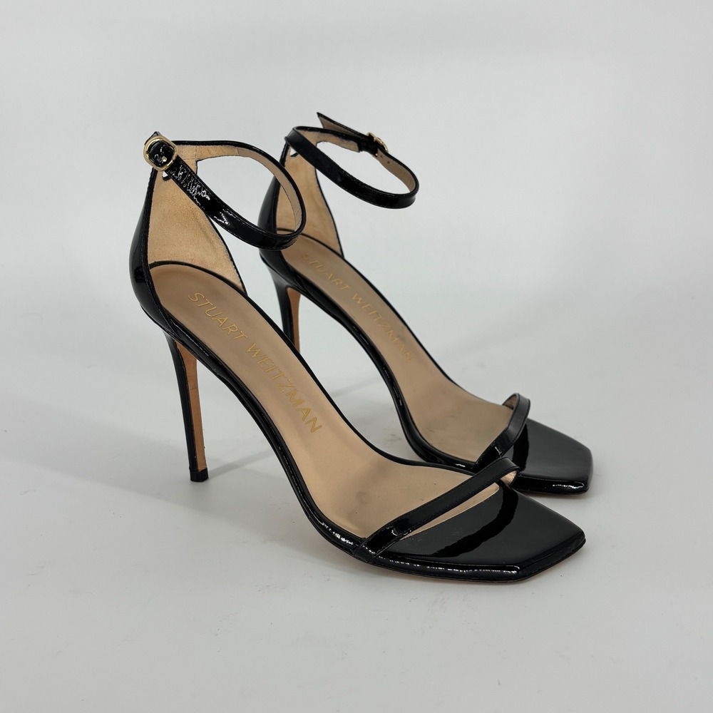 Stuart Weitzman Nudistcurve Ankle Strap Heel Sandals Black Patent Women Size 9